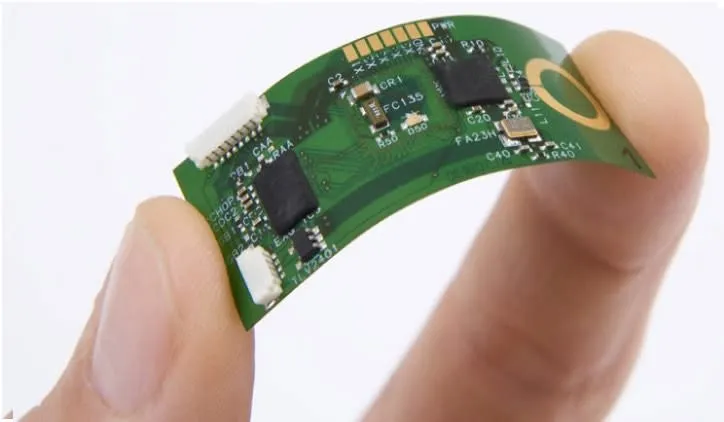 A flexible PCB bent into a curve shape.