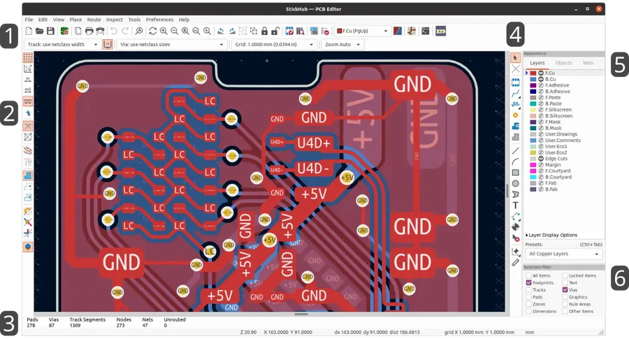 A screenshot of KiCad PCB design software interface.