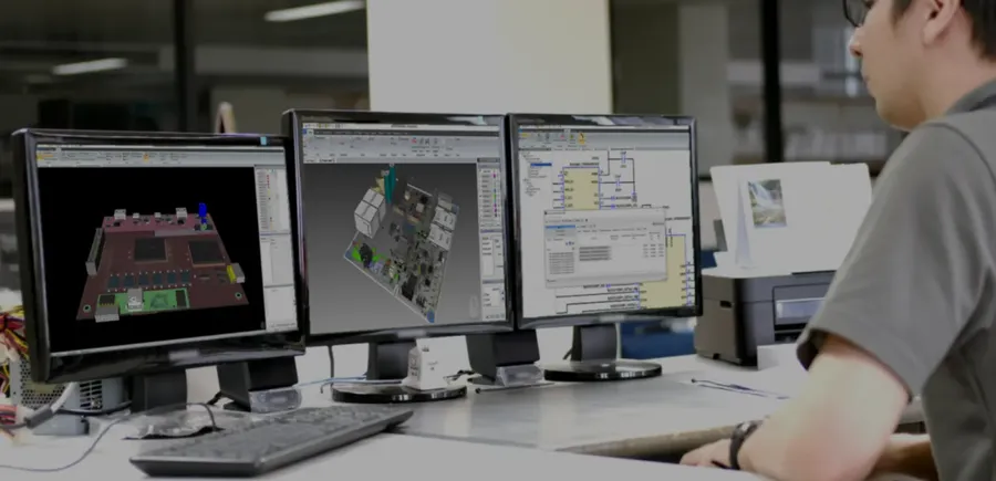 A team of engineers collaborating on PCB design using computers.