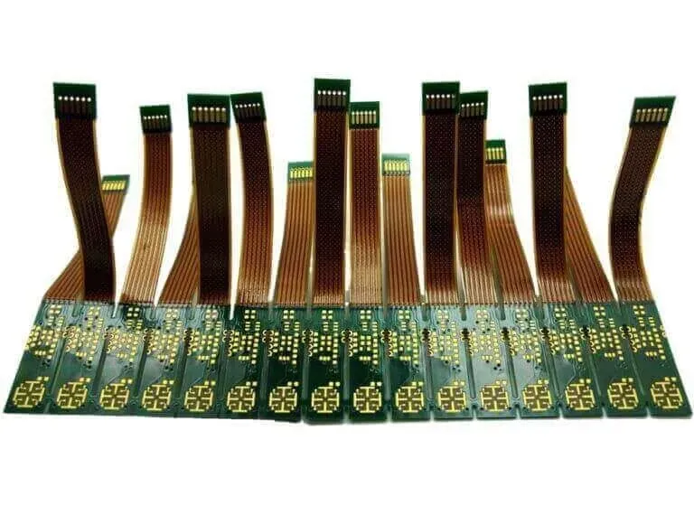 Various materials used in the fabrication of flexible PCBs, such as polyimide films and copper.