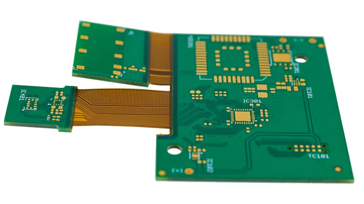 A rigid-flex circuit board showcasing both rigid and flexible sections.