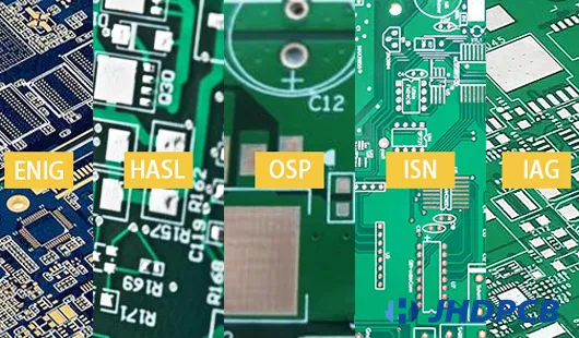 Various PCB surface finishes, including ENIG and HASL.