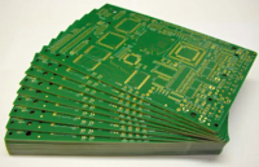 A cross-section of a multilayer printed circuit board, highlighting the different layers.