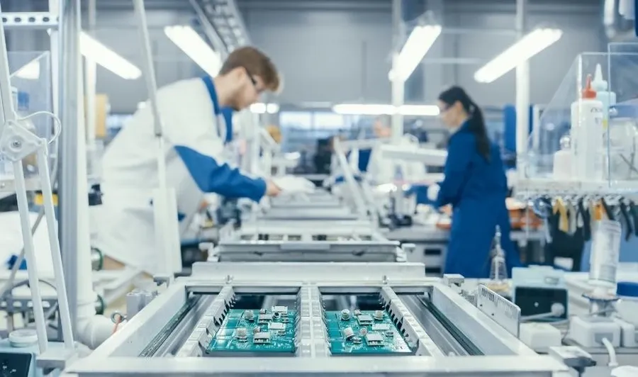 A factory floor showing PCB production machines and workers.