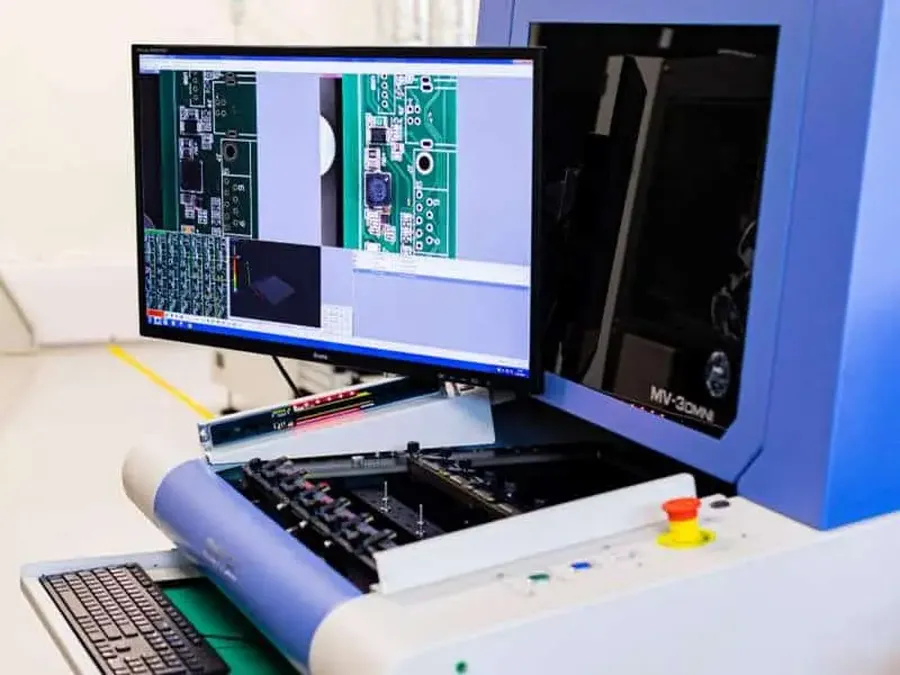 An automated optical inspection machine checking a PCB.