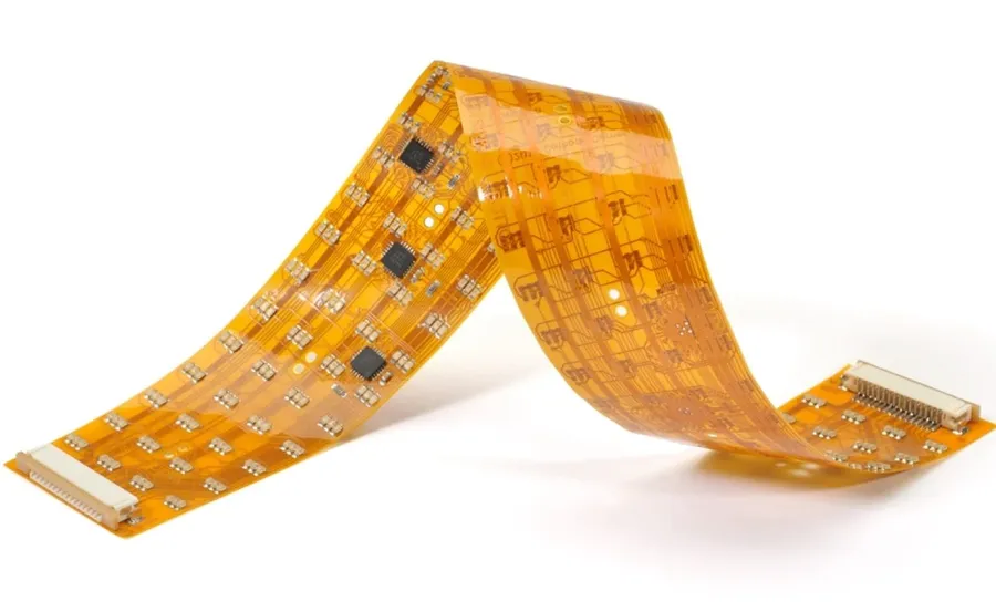 A flexible printed circuit board, showing its flexibility.