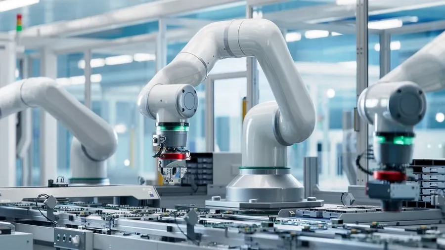 A PCB assembly line with various workstations and equipment.