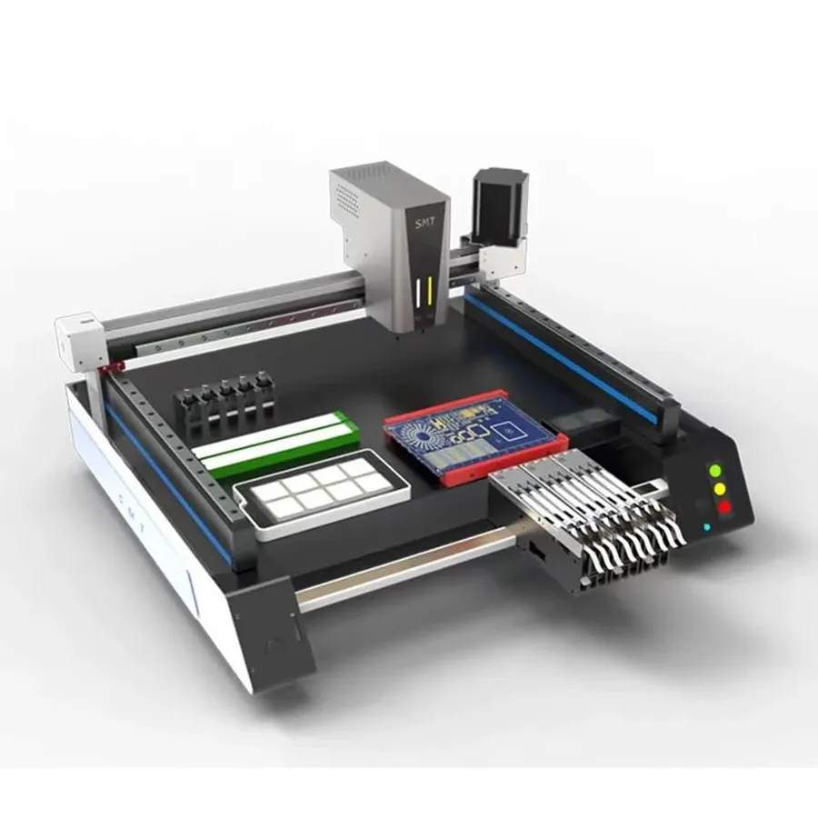 A detailed view of an SMT pick-and-place machine in operation.