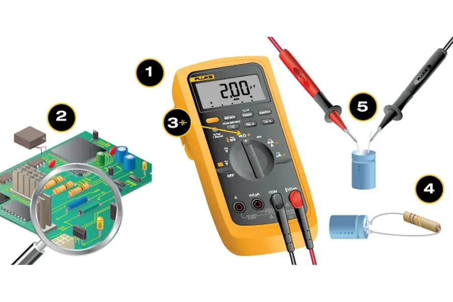 A person using a digital multimeter to measure a capacitor.