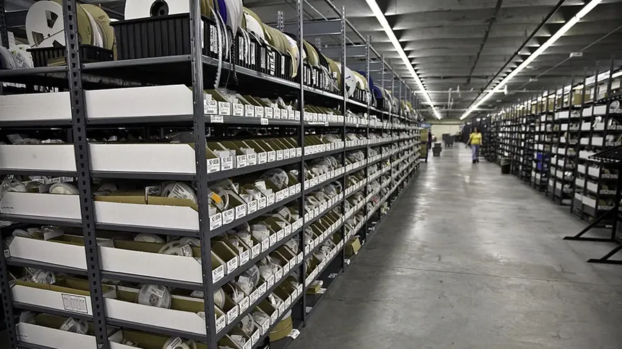 A shelf filled with various electronic components.