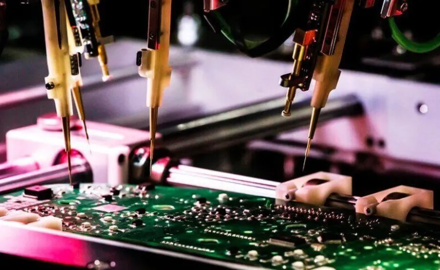 An engineer inspecting a circuit board using a magnifying glass.