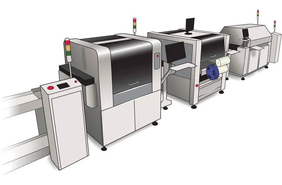 A range of PCB manufacturing machinery in a factory setting.