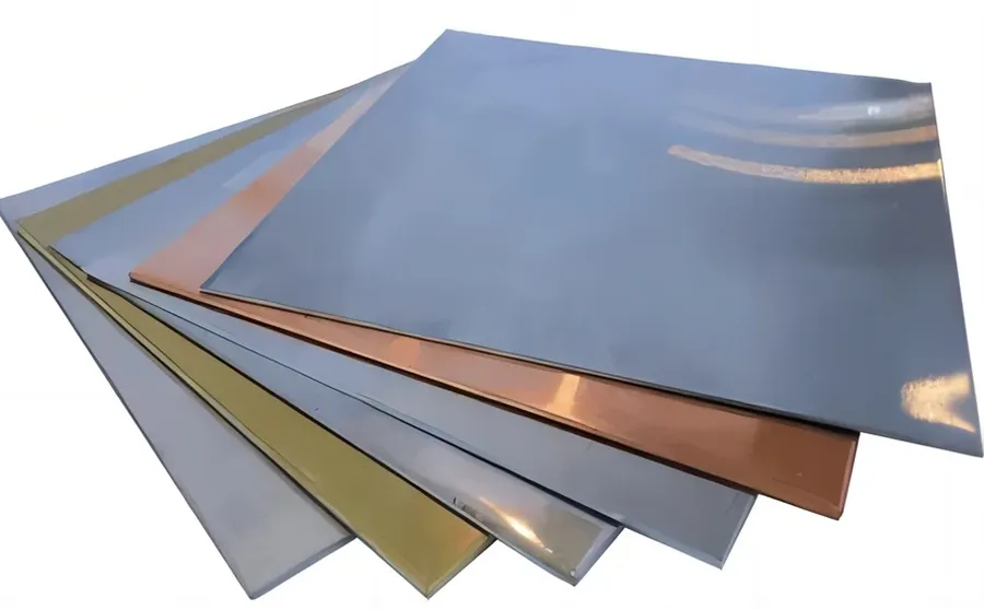 A stack of raw PCB materials, showing different layers and substrates.
