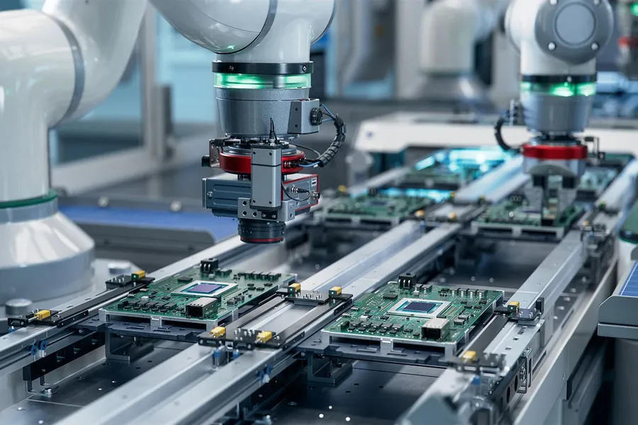 A close-up of a PCB production line with various machines.