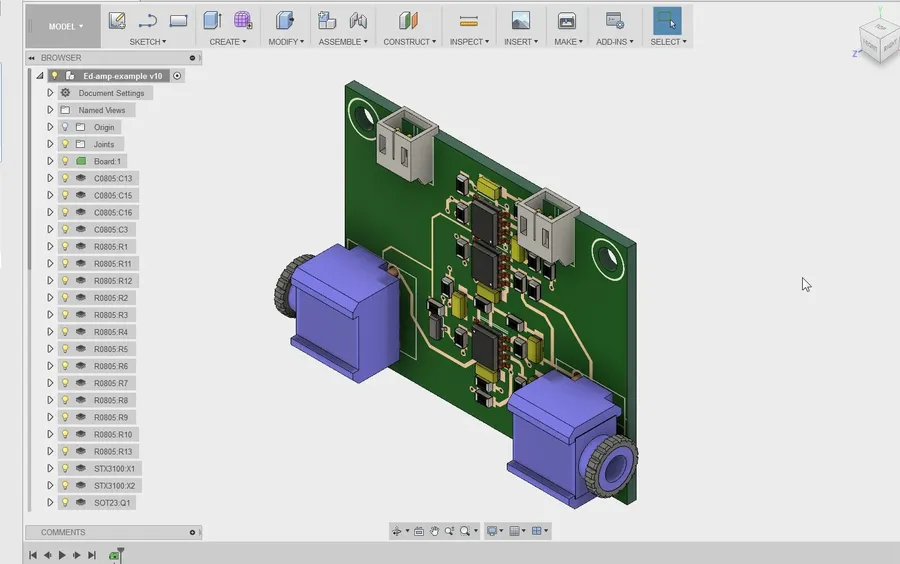 A computer screen showing PCB design software with a circuit board layout.