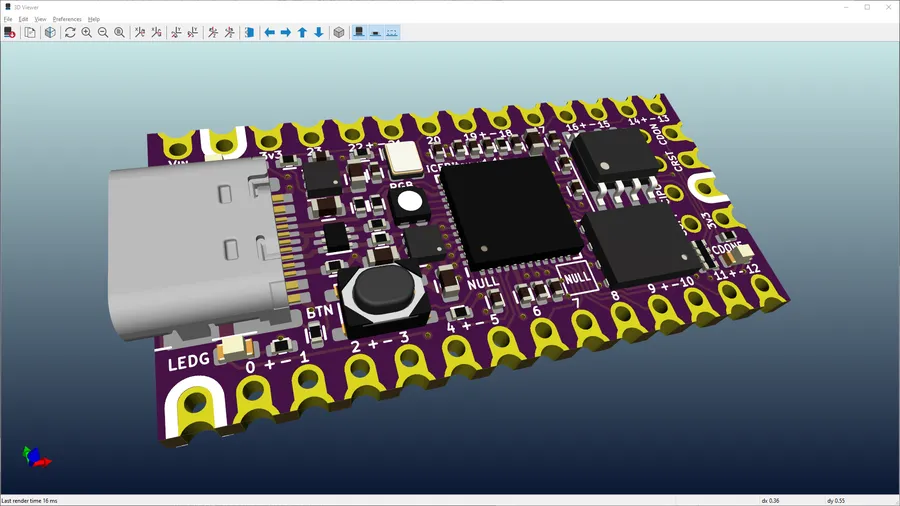 A KiCad PCB layout design with components placed on the board.