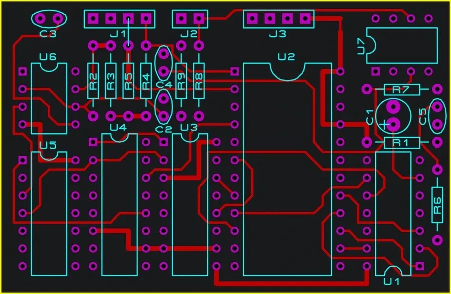 An overhead view of a computer screen showing PCB layout design software with various circuit patterns.