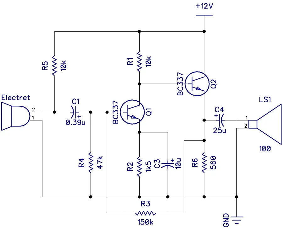 An example circuit diagram of a transistor used in an amplifier configuration.