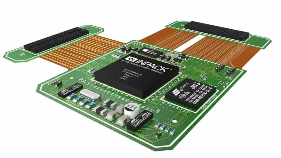 A highly complex printed circuit board demonstrating advanced technology, microvias, and other intricate features.