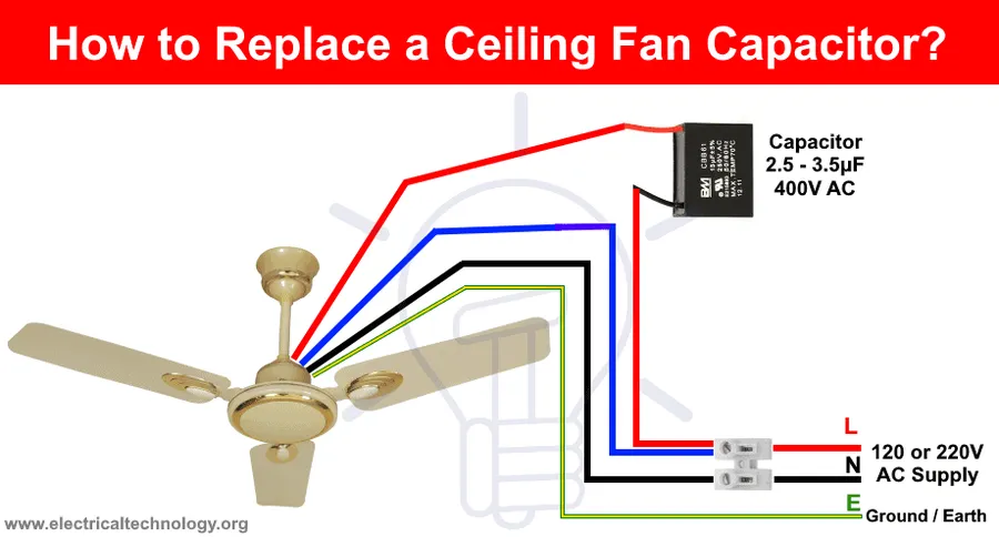 Hands replacing a capacitor inside a ceiling fan housing.