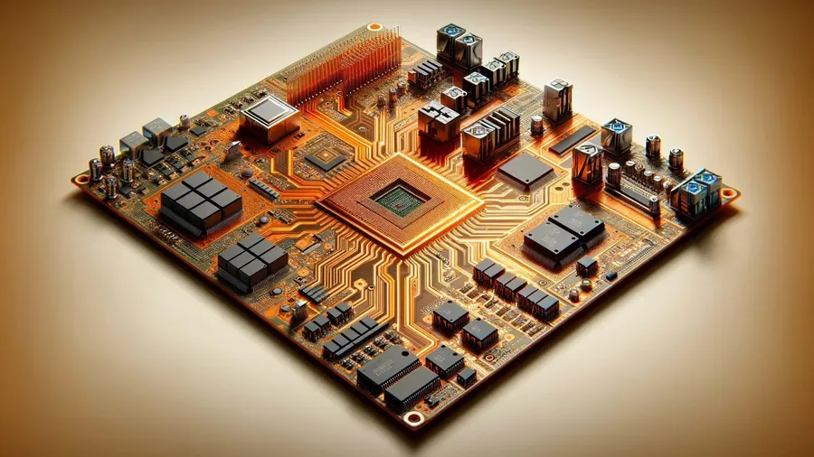 A complex PCB with advanced layout techniques like microvias and blind vias