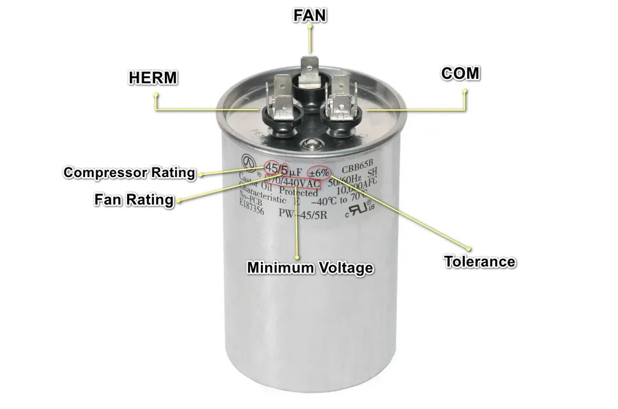 A visually damaged motor capacitor, showing signs of failure.