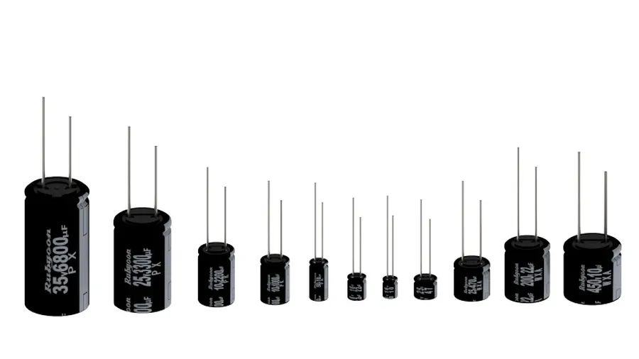 A variety of electrolytic capacitors, showing different sizes and shapes.