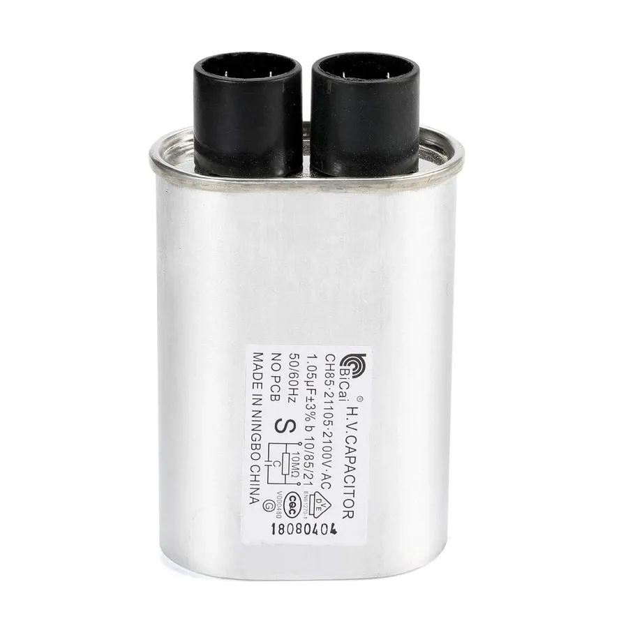 A high-voltage capacitor with clear markings.
