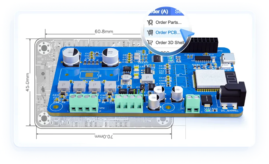 A complex PCB design with multiple layers shown in EasyEDA.