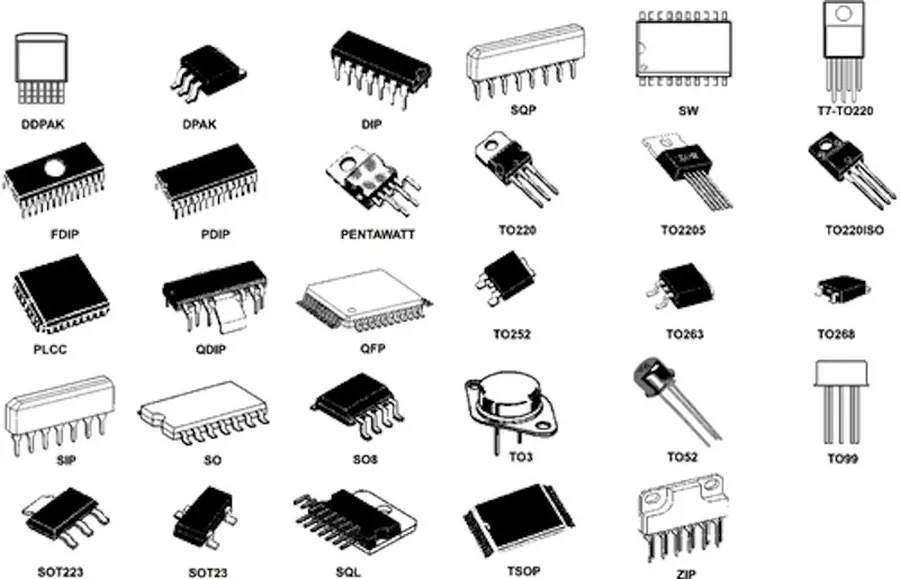 A collection of various types of integrated circuits.