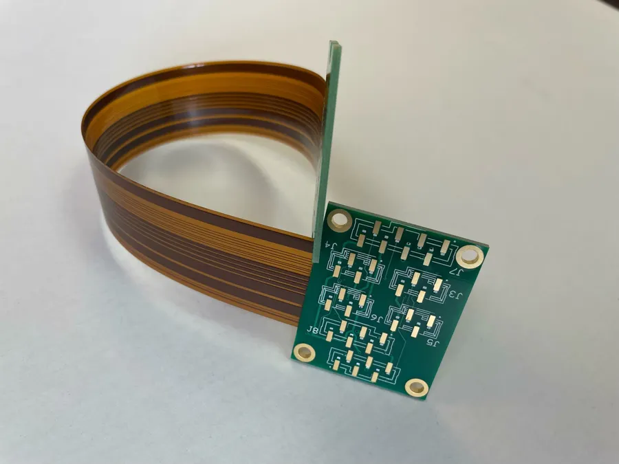 A CAD layout of a rigid-flex PCB, showing design details.