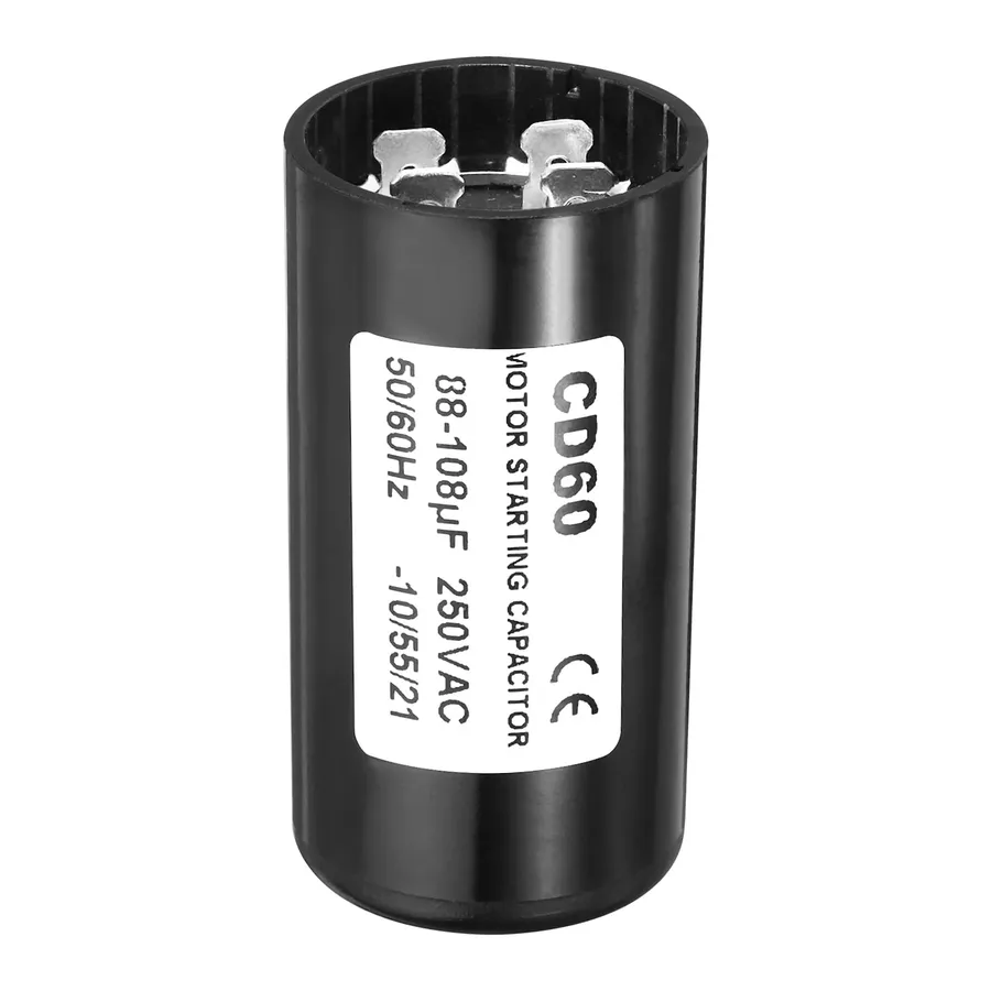Two different capacitors, a start capacitor and a run capacitor side by side.