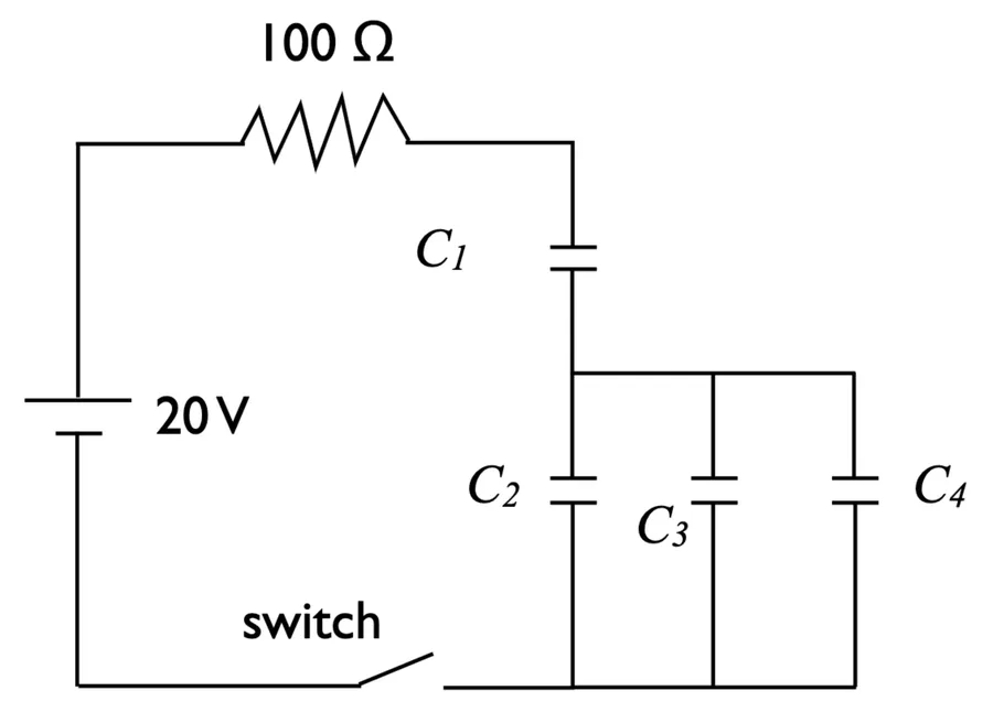 A circuit diagram showing a capacitor in a circuit.