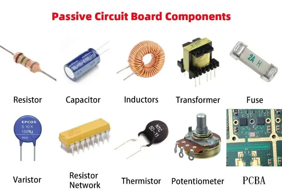 Various electronic components on an integrated circuit board, such as resistors, capacitors, and IC chips.