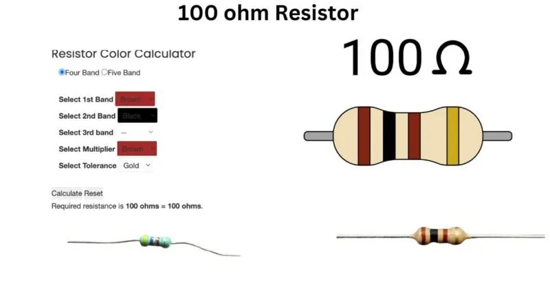A 100 ohm resistor soldered onto a circuit board.