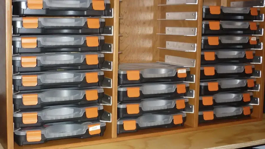 Shelves filled with various electronic components.