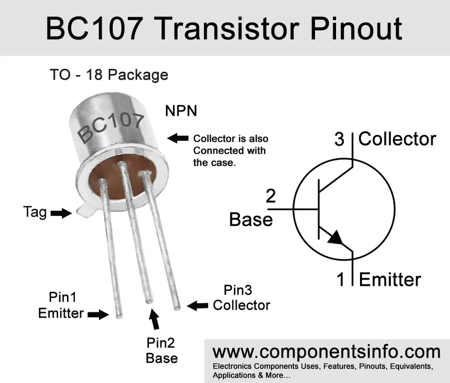 A diagram illustrating the pinout configuration of a BC107 transistor.