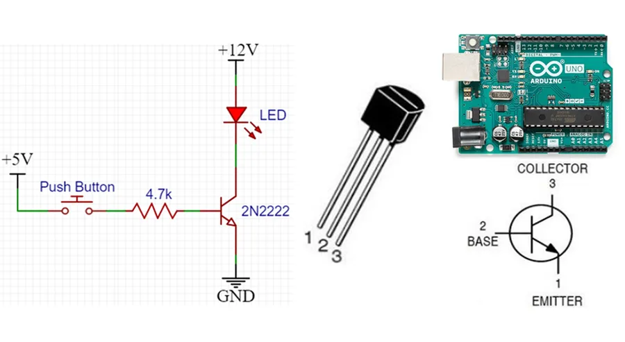 A schematic of a 2N2222 transistor used as a switch.