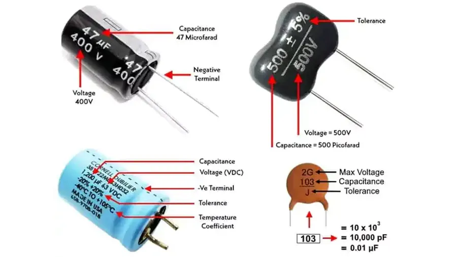 Close-up of the markings on a capacitor showing voltage and capacitance values.