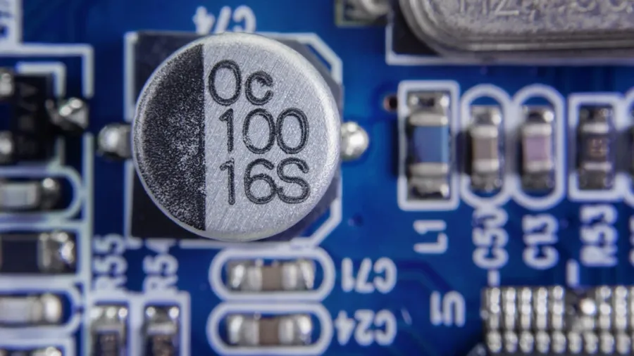 A close up view of several electrolytic capacitors.