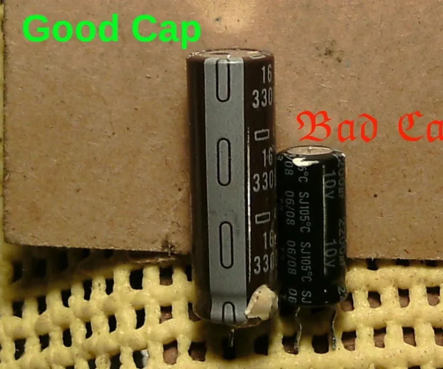 A photo showing a bulging capacitor on a TV circuit board, indicating a failure.