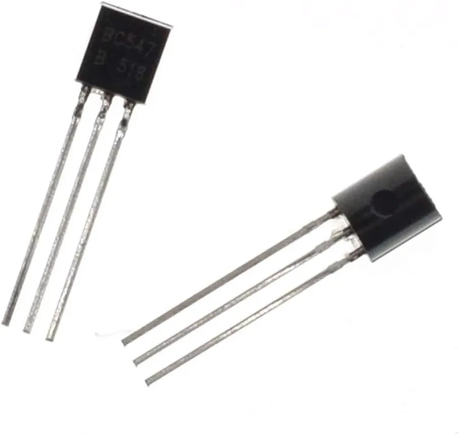 A photograph showing BC547, BC547B, and BC547C transistors side by side.