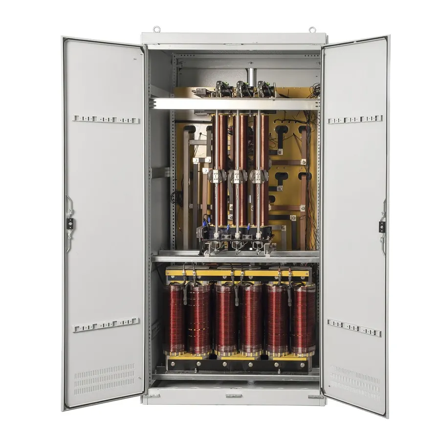 An electrical panel with multiple three-phase capacitors.