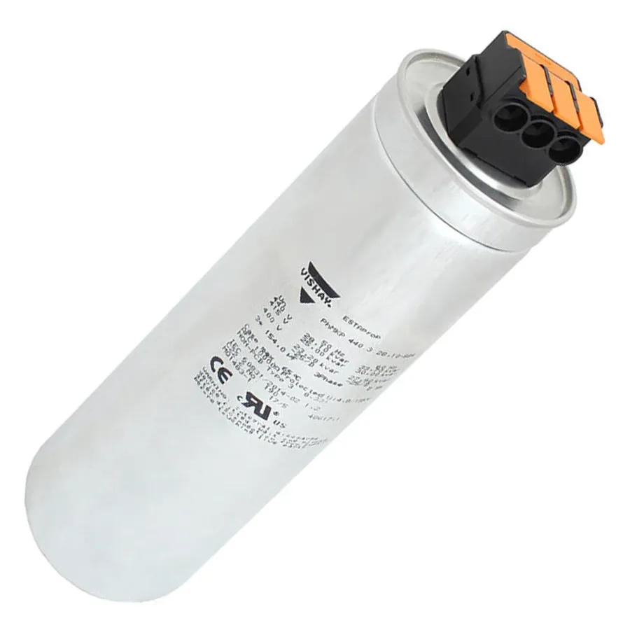 Several different types of three-phase capacitors, showing various shapes and sizes.