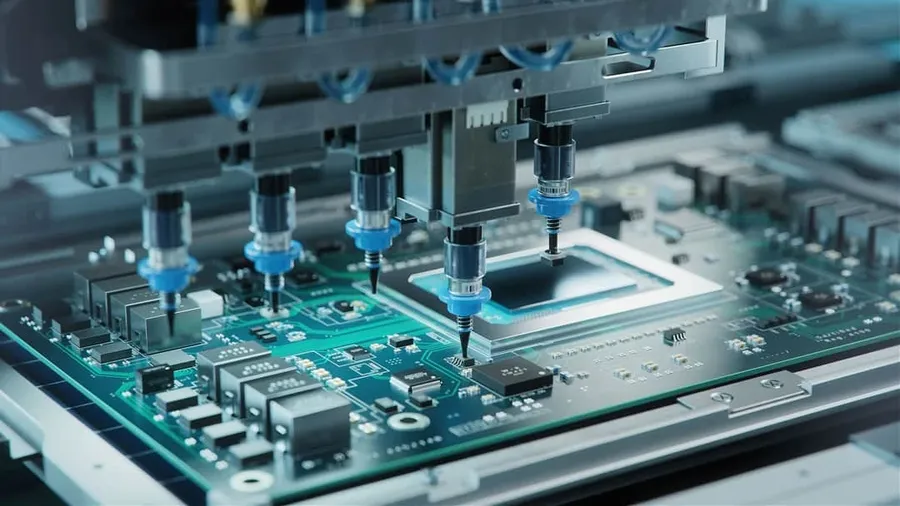 A PCB being assembled with electronic components.
