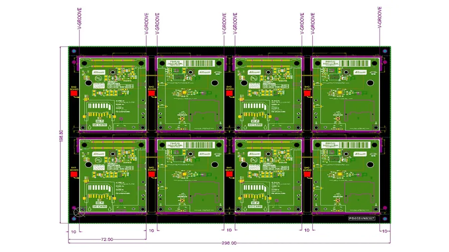 A panel of multiple PCBs before separation.