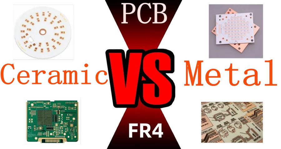 Side-by-side view of a ceramic PCB and a FR-4 PCB.