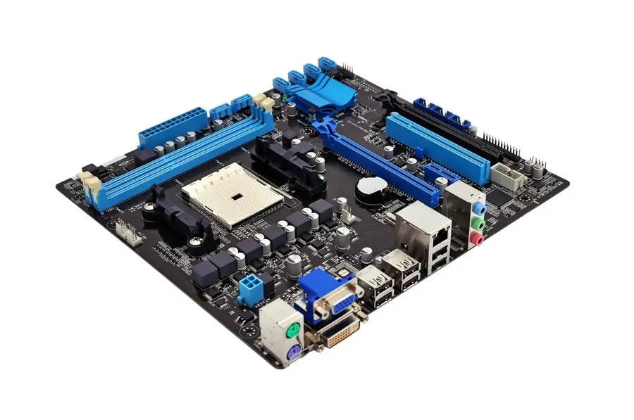 A computer motherboard with various components and connectors.