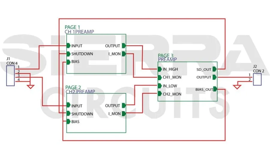 A schematic diagram of a circuit design, showing components and connections.