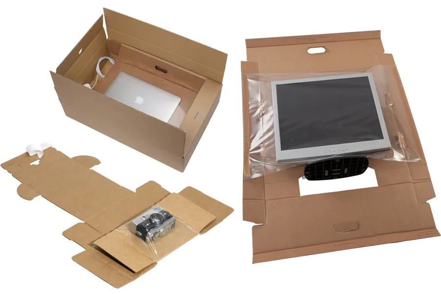 Boxes of electronic components prepared for shipping.